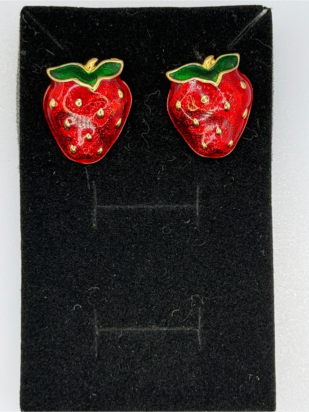 Vintage Red Enamel Strawberry Clip On Earrings Gold